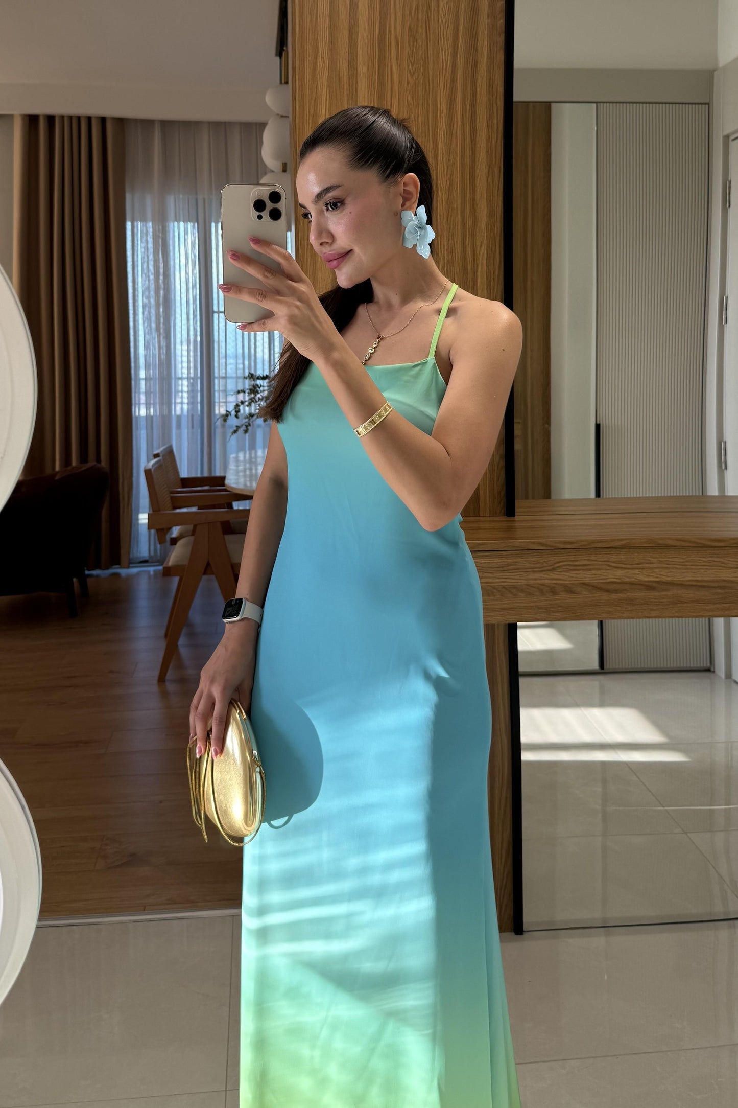 Summer Yeşil Sırt Detaylı Saten Elbise