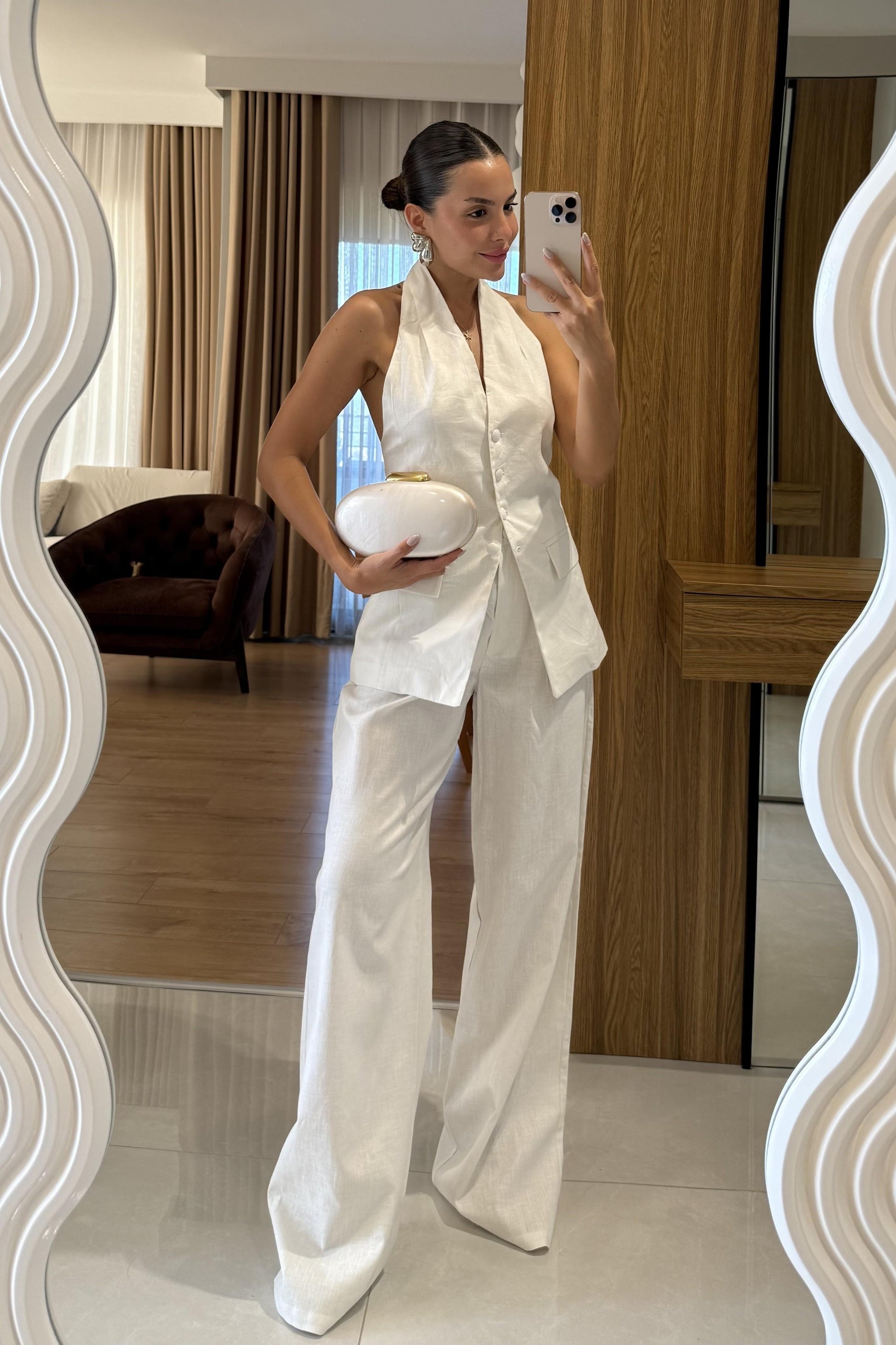 Sungle Beyaz Keten Yelekli Premium Takım