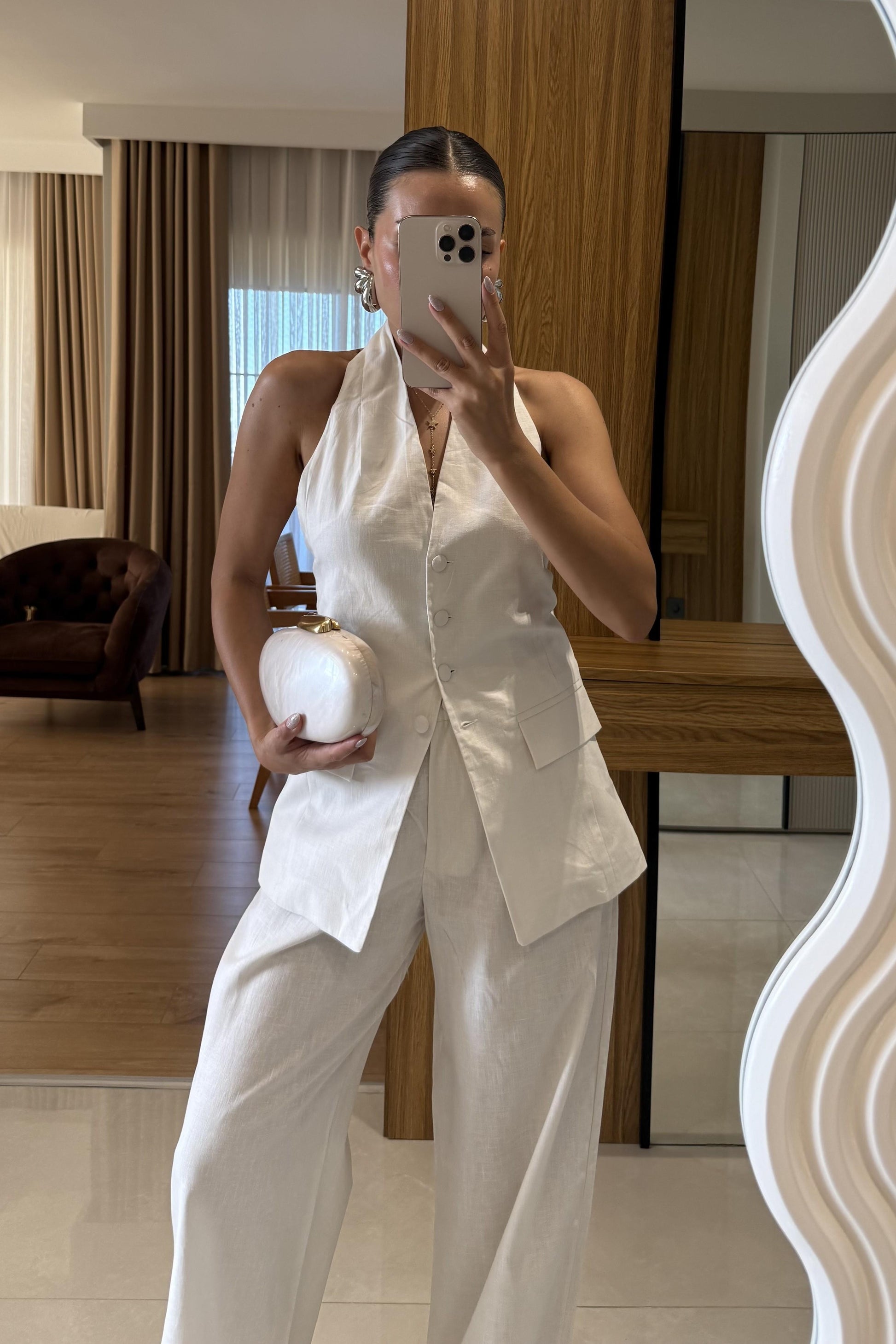 Sungle Beyaz Keten Yelekli Premium Takım