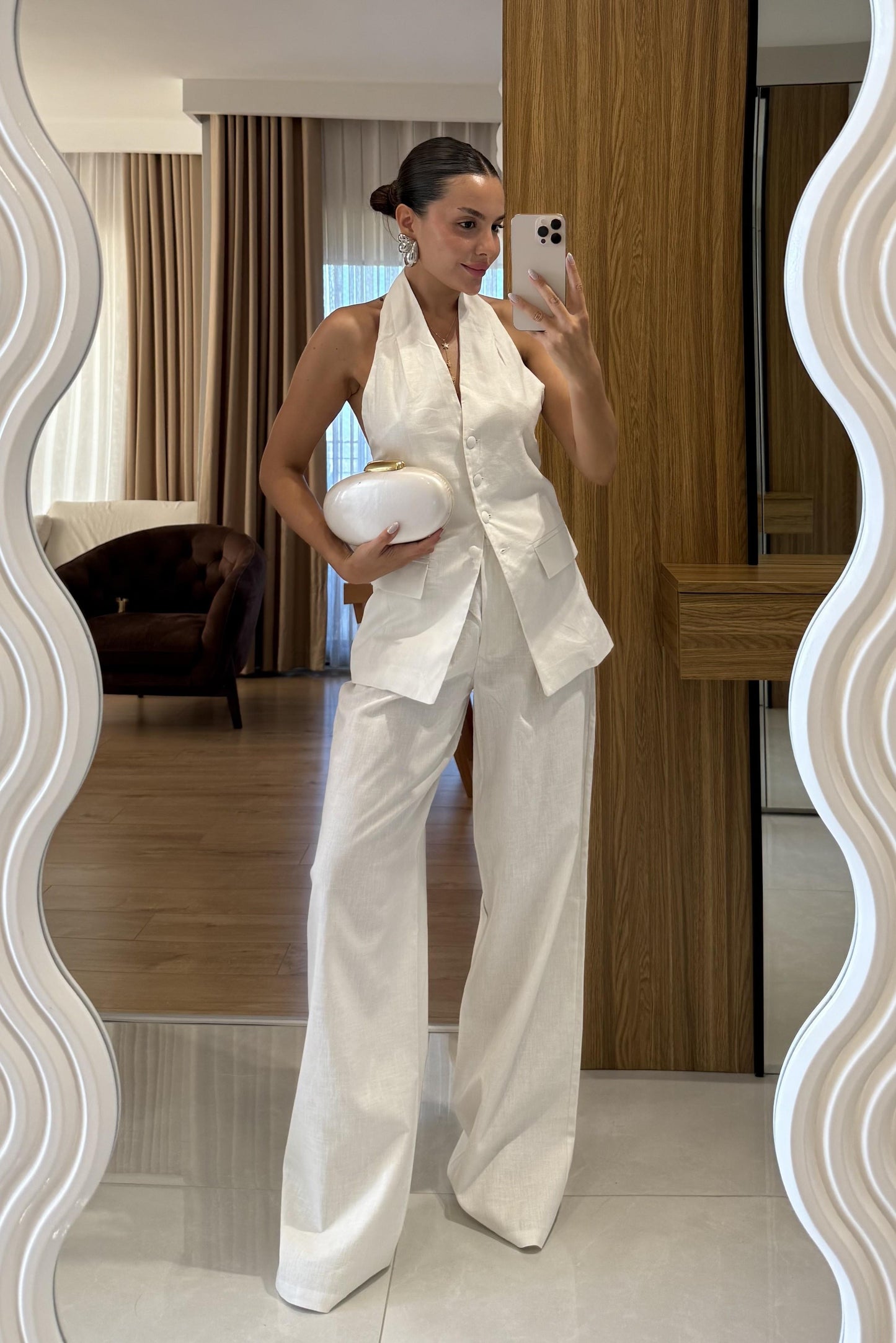 Sungle Beyaz Keten Yelekli Premium Takım