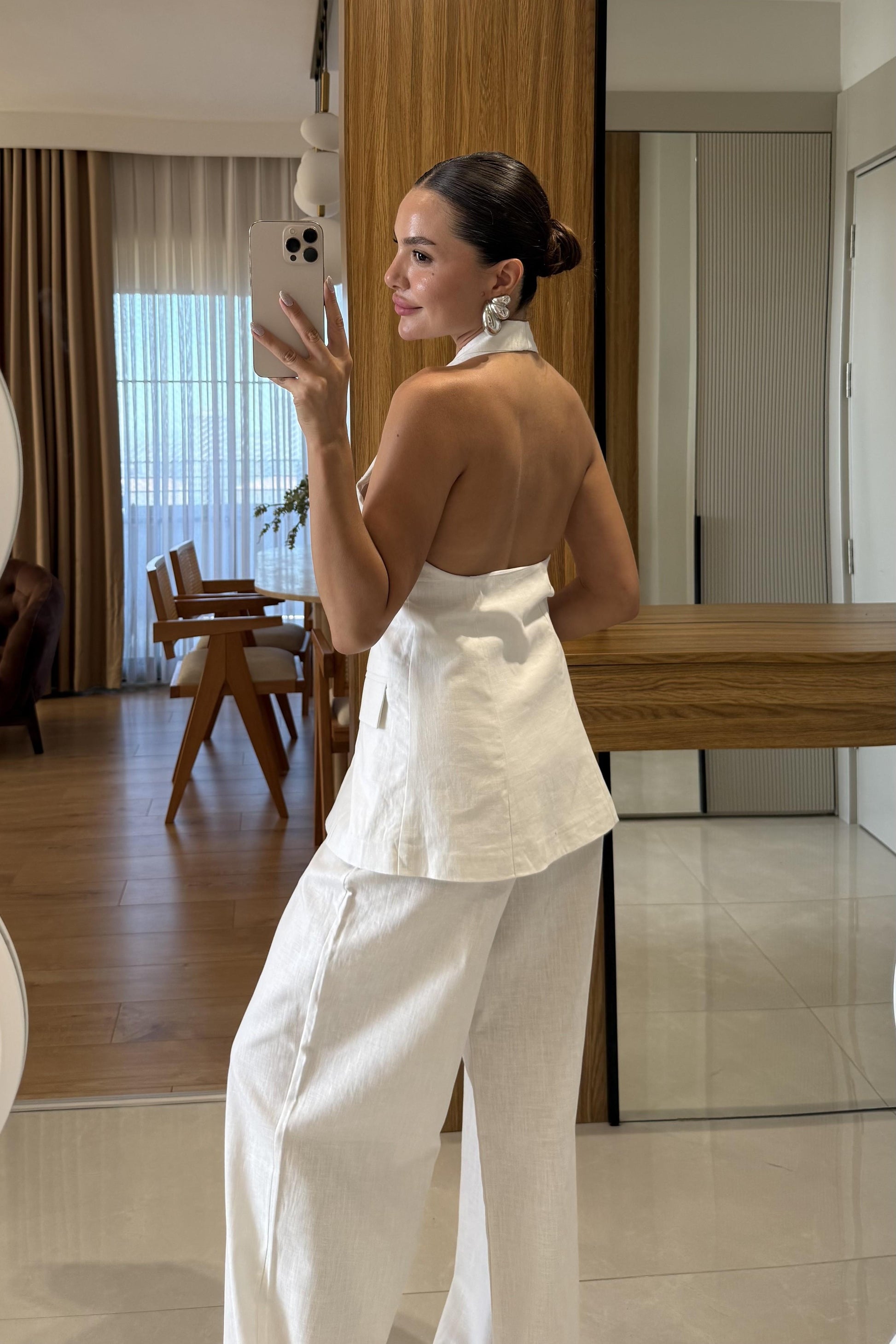 Sungle Beyaz Keten Yelekli Premium Takım