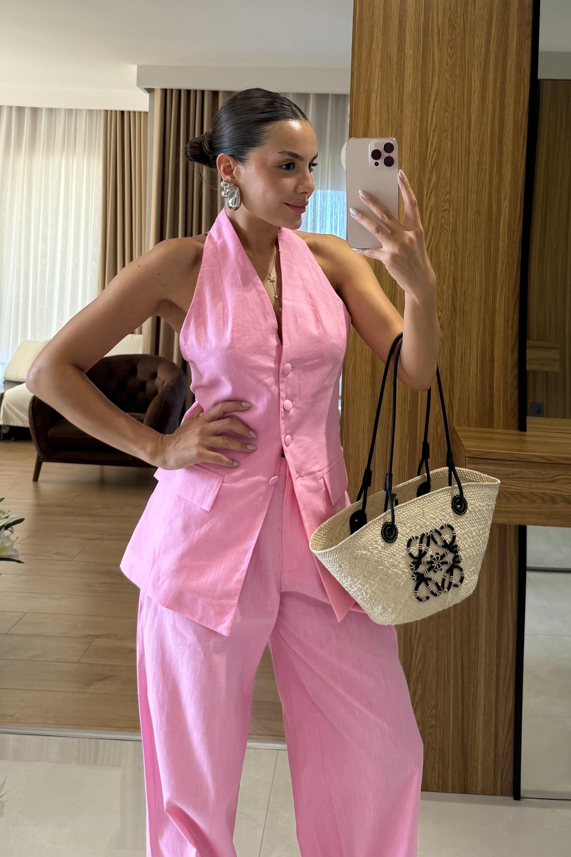 Sungle Pembe Keten Yelekli Premium Takım