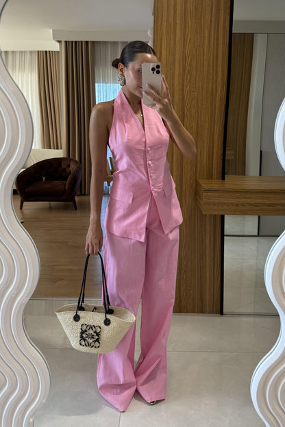 Sungle Pembe Keten Yelekli Premium Takım