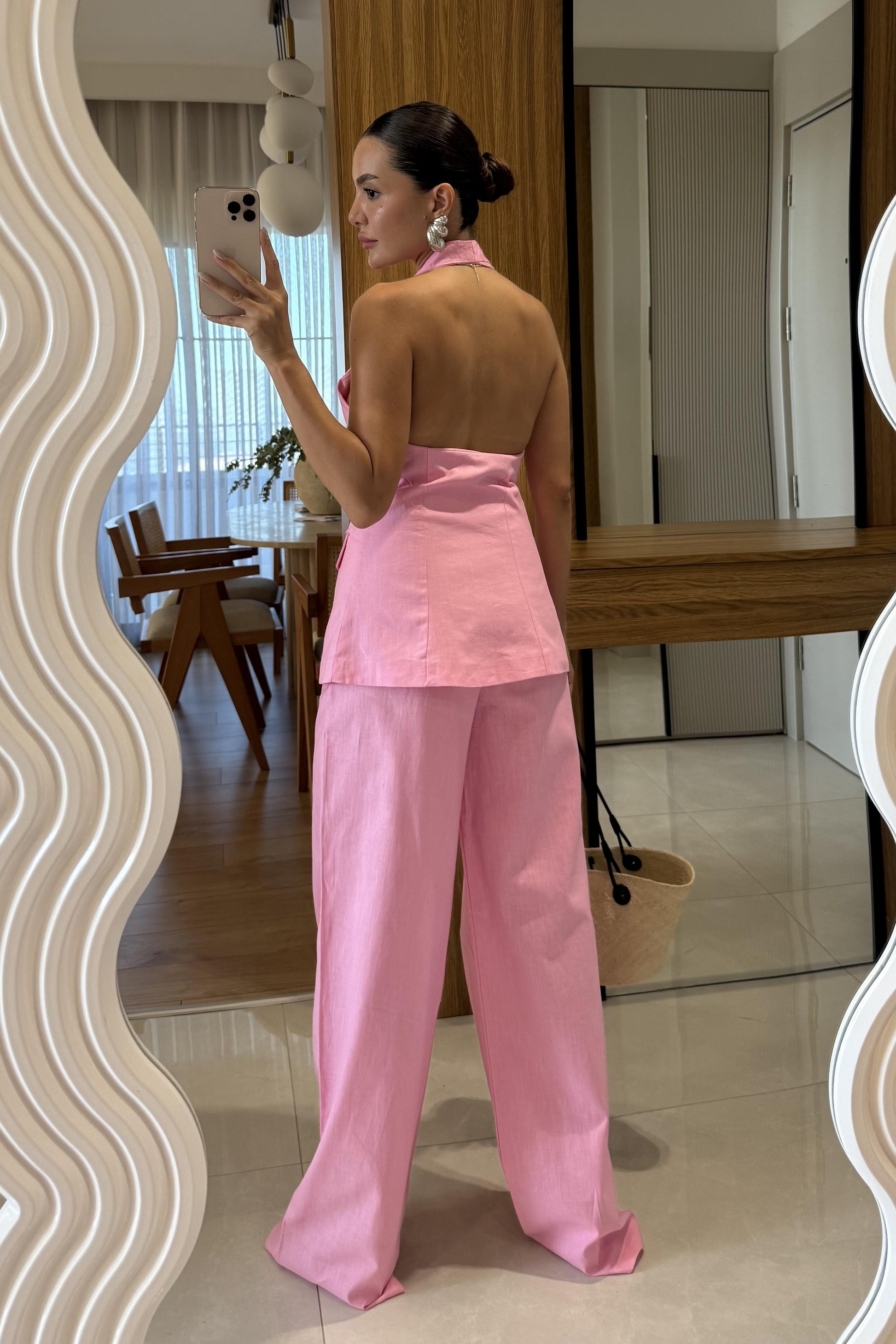 Sungle Pembe Keten Yelekli Premium Takım