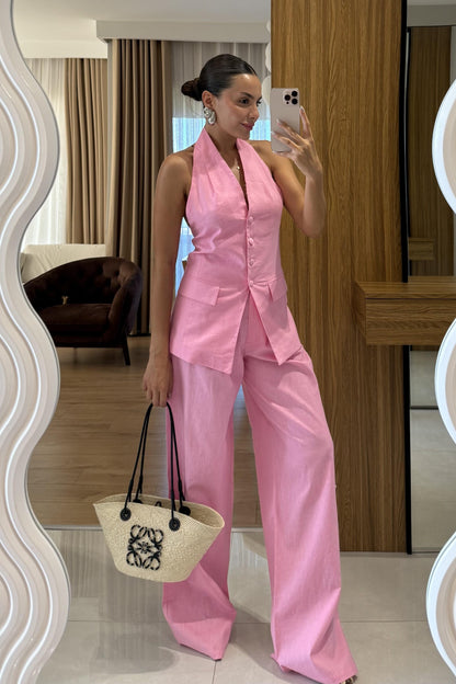 Sungle Pembe Keten Yelekli Premium Takım