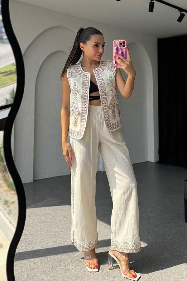 Sunniva Keten Nakışlı Pantolon Yelek Takım