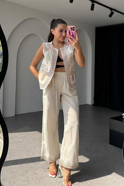 Sunniva Keten Nakışlı Pantolon Yelek Takım