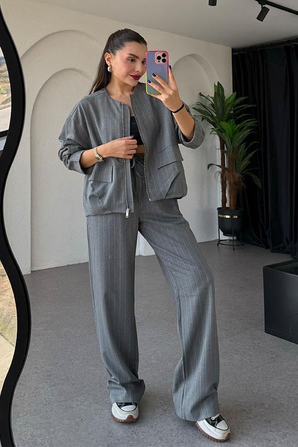Susie Bomber Ceketli Gri Çizgili Takım