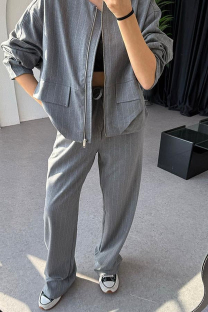 Susie Bomber Ceketli Gri Çizgili Takım