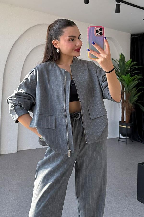 Susie Bomber Ceketli Gri Çizgili Takım