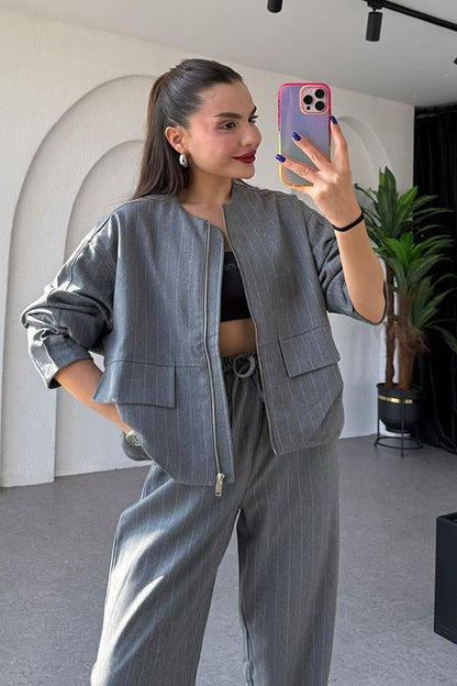 Susie Bomber Ceketli Gri Çizgili Takım