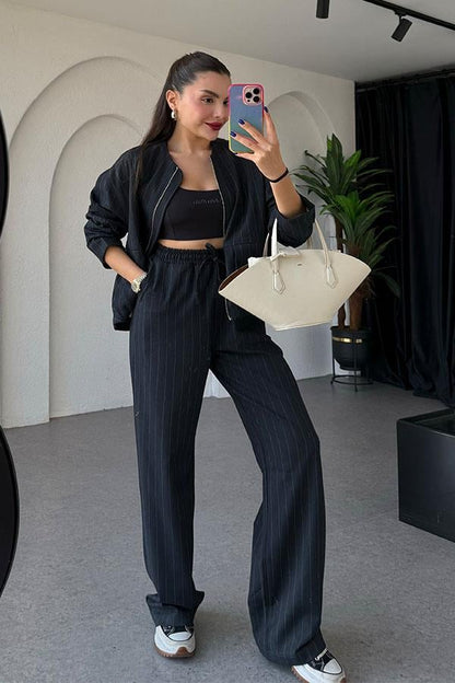 Susie Bomber Ceketli Lacivert Çizgili Takım