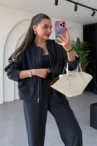 Susie Bomber Ceketli Lacivert Çizgili Takım