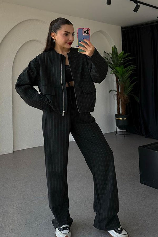 Susie Bomber Ceketli Siyah Çizgili Takım