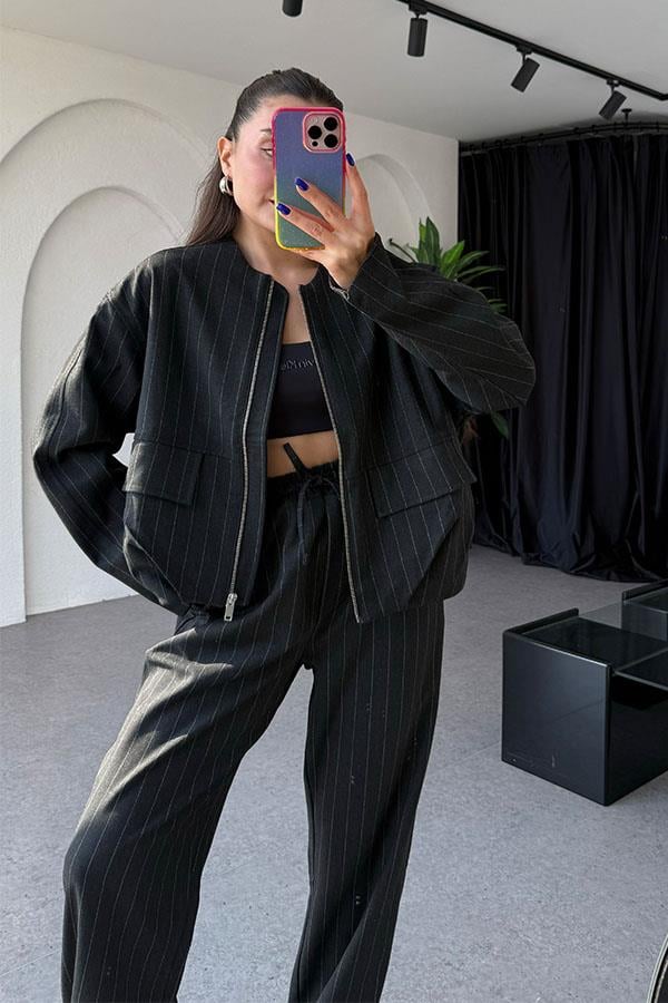 Susie Bomber Ceketli Siyah Çizgili Takım
