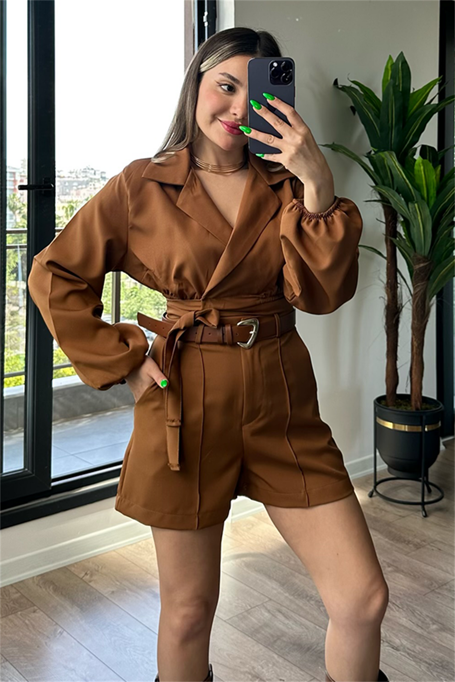 Taba balon kol ikili şortlu takım