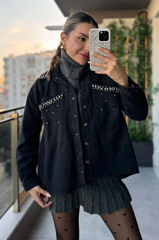 Taliska Taşlı Siyah Kot Ceket