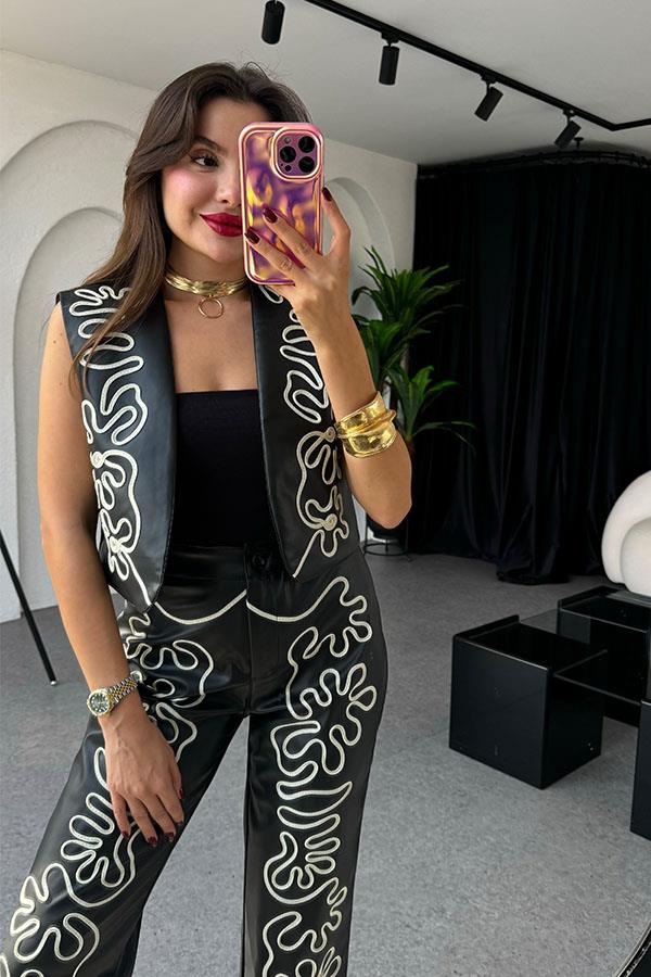 Tamara Nakışlı Deri Takım