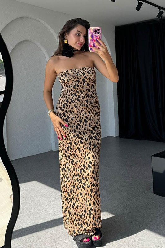 Tarumei Straplez Yırtmaç Detaylı Leopar Elbise