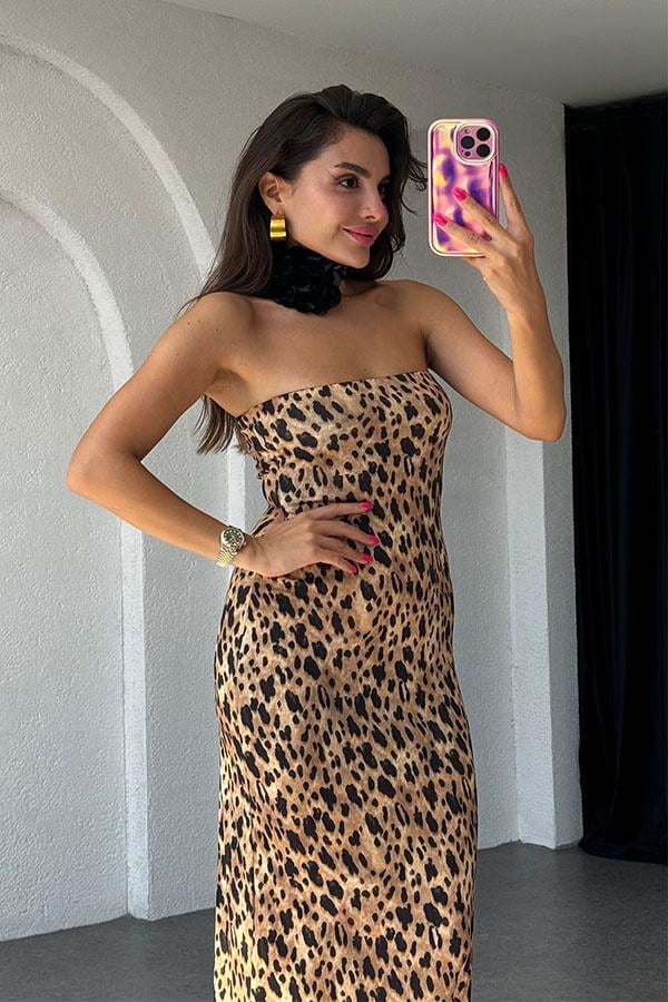Tarumei Straplez Yırtmaç Detaylı Leopar Elbise