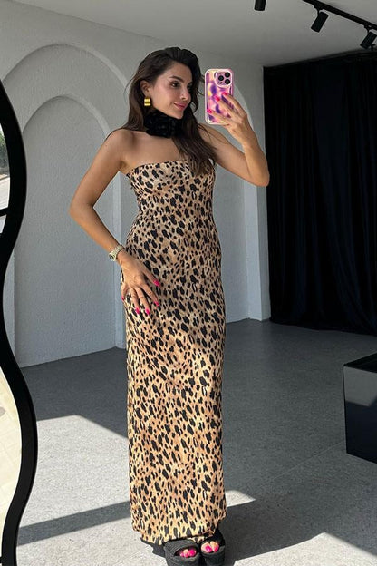 Tarumei Straplez Yırtmaç Detaylı Leopar Elbise
