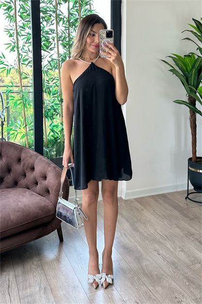 Taş askı detaylı şifon elbise