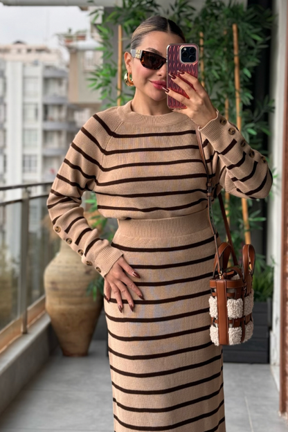 Tatya Çizgili Örme Triko Takım - Karamel