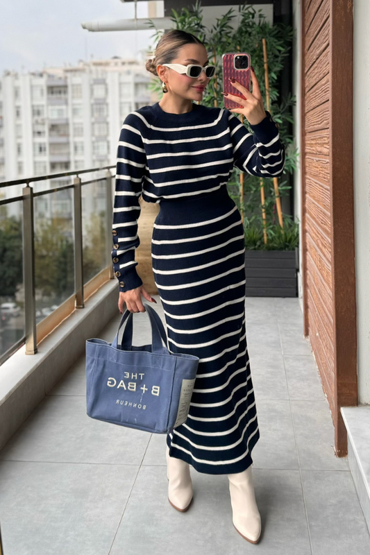 Tatya Çizgili Örme Triko Takım - Lacivert