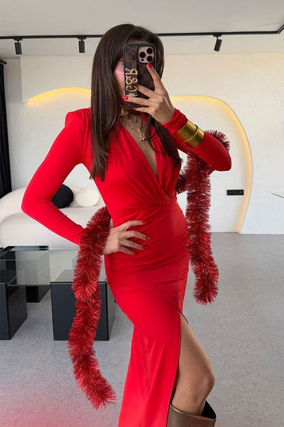 Tatyana Kırmızı Yırtmaçlı V yaka Elbise