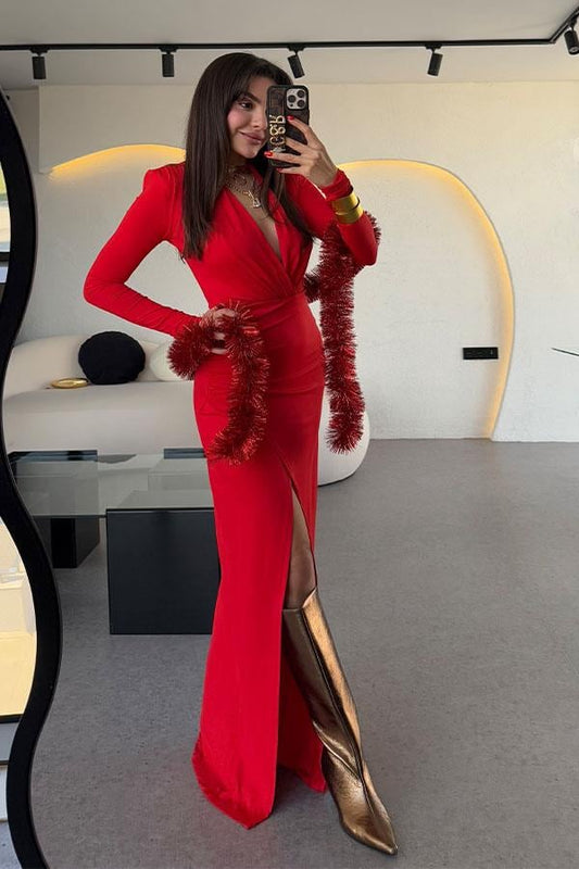 Tatyana Kırmızı Yırtmaçlı V yaka Elbise