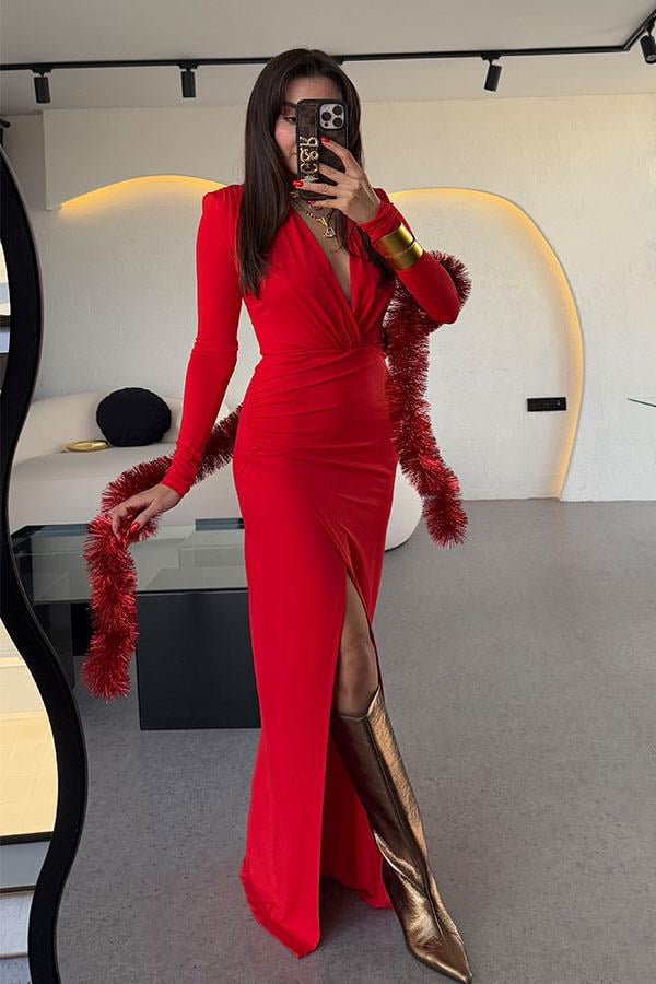 Tatyana Kırmızı Yırtmaçlı V yaka Elbise