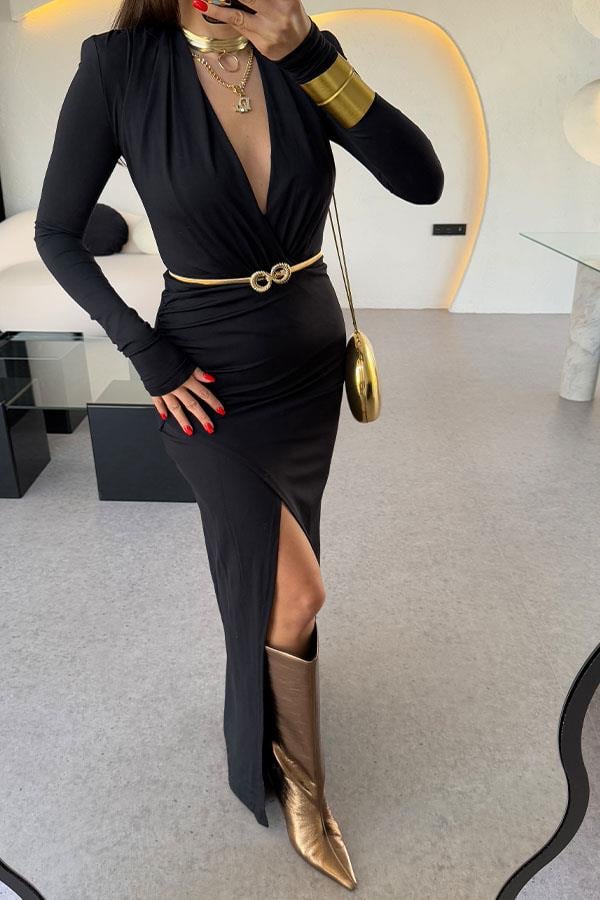 Tatyana Siyah Yırtmaçlı V yaka Elbise