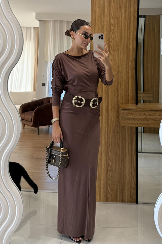 Taulov Kahve Sırt Detaylı Etekli Takım