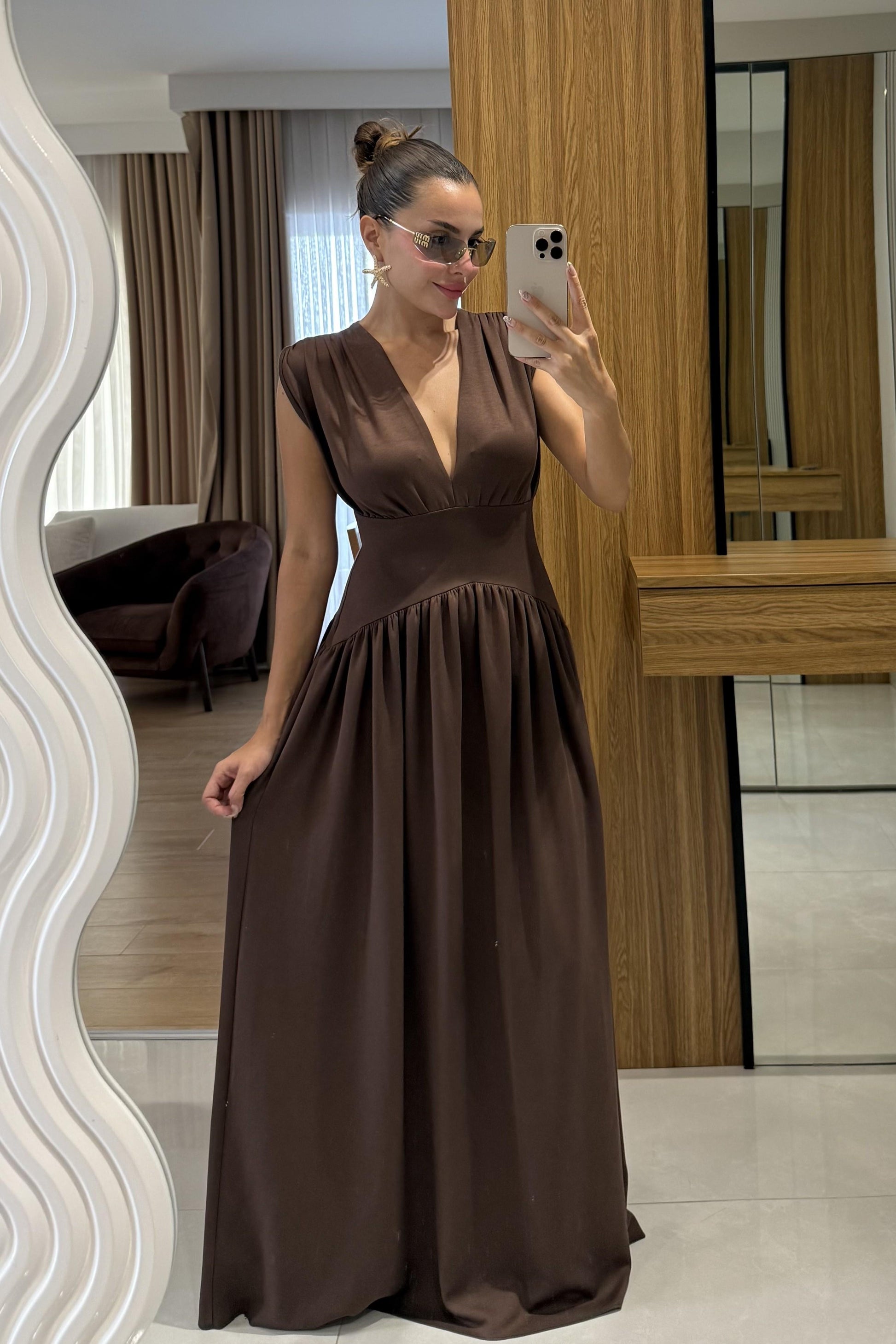 Taylor Kahve Belden Oturtmalı Elbise