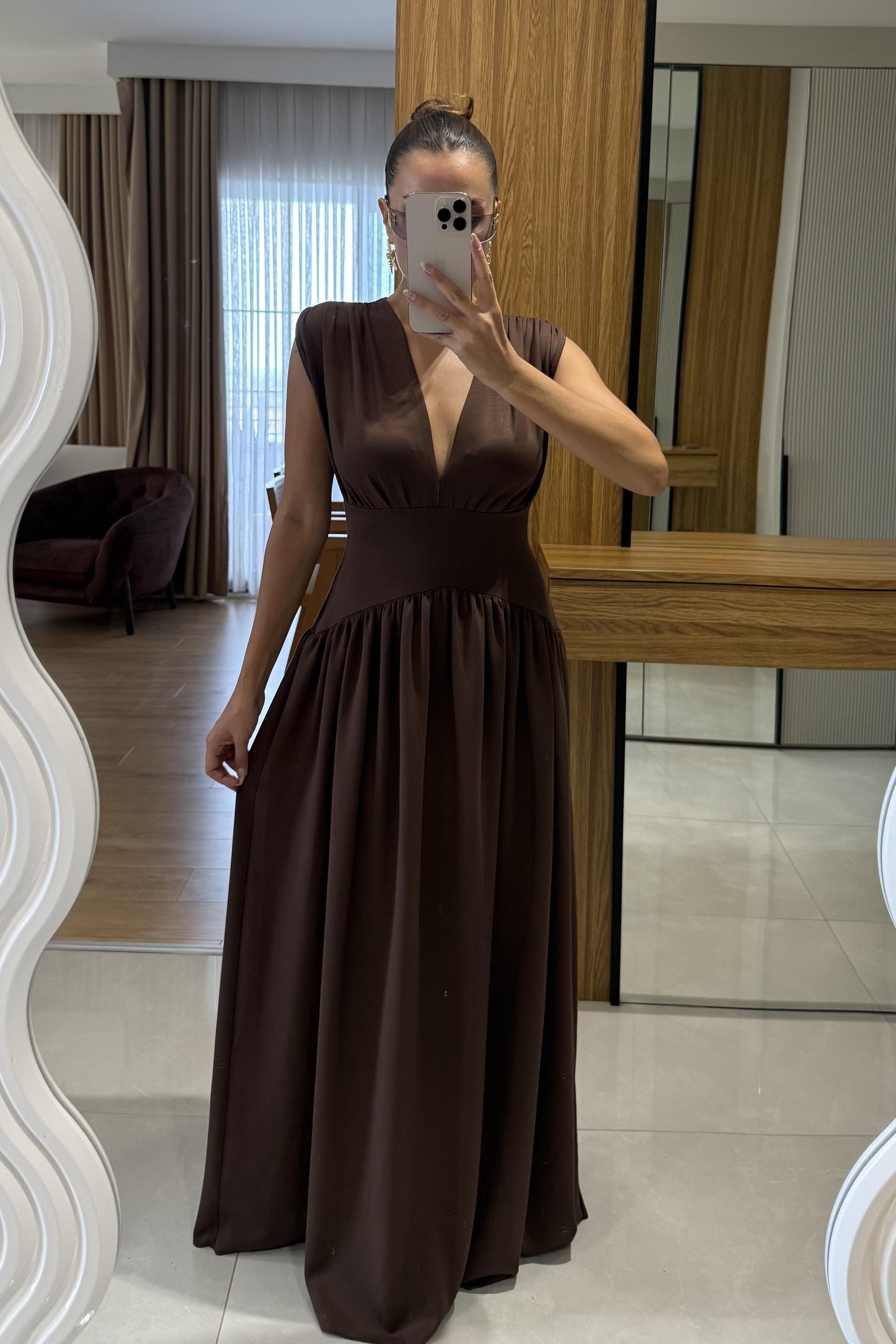 Taylor Kahve Belden Oturtmalı Elbise