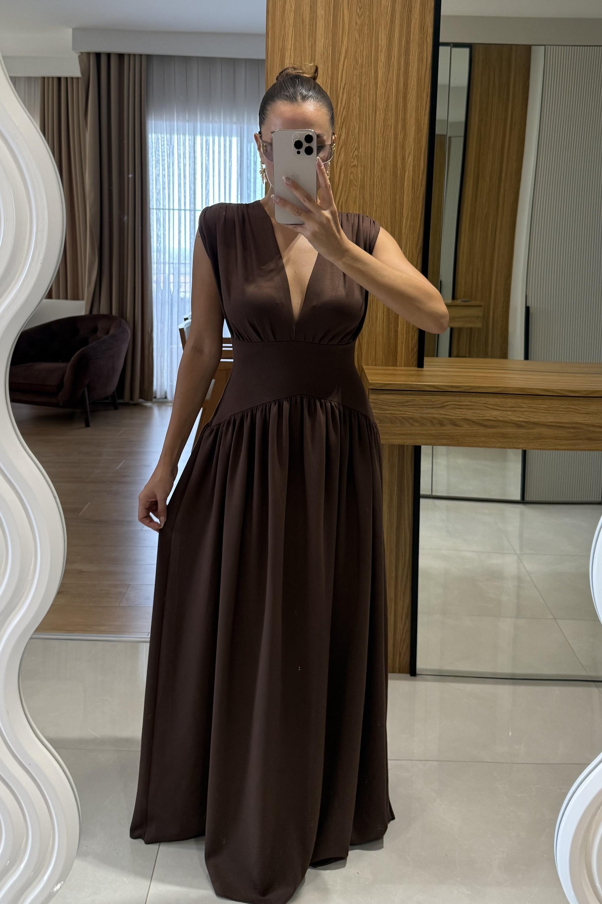 Taylor Kahve Belden Oturtmalı Elbise