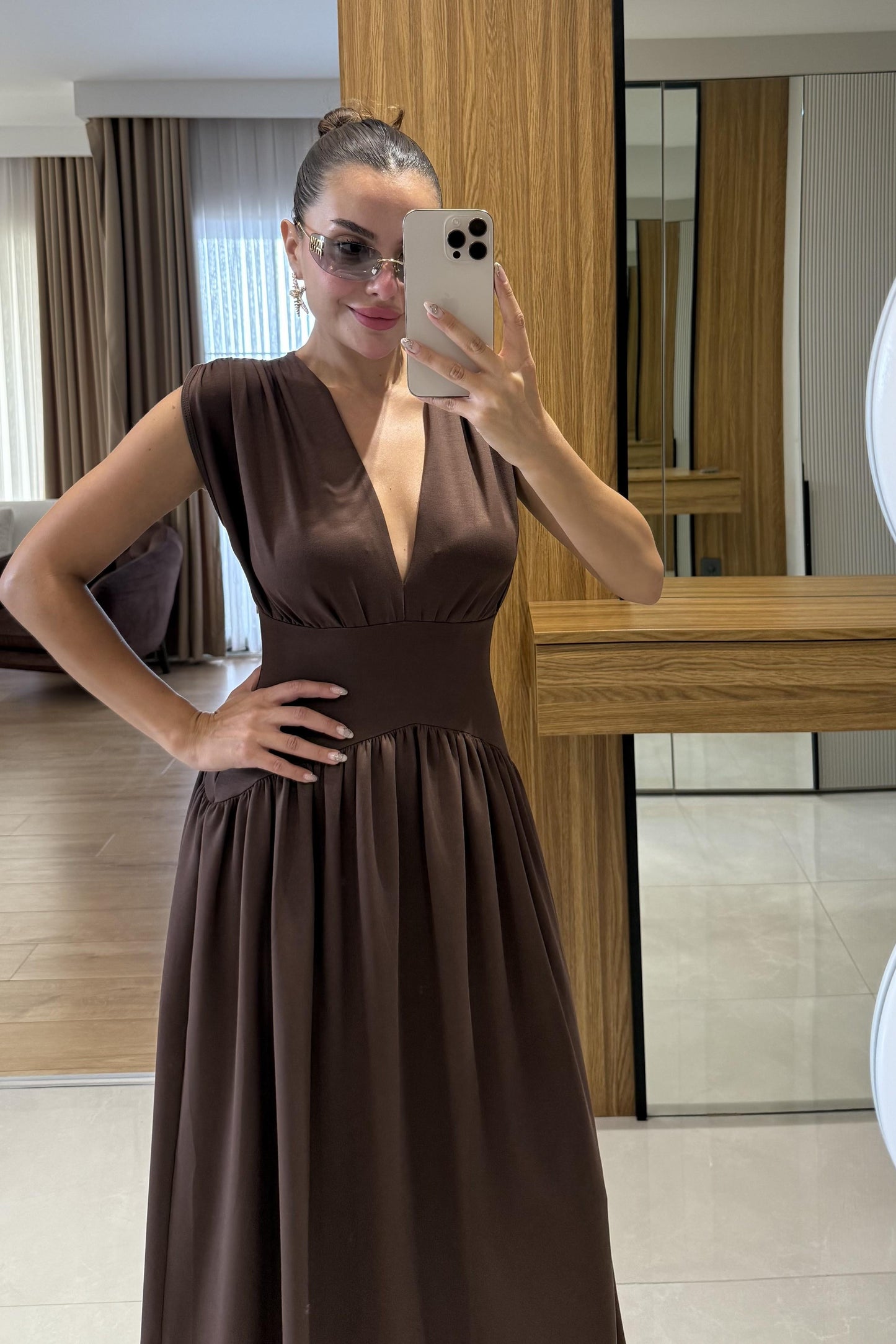 Taylor Kahve Belden Oturtmalı Elbise