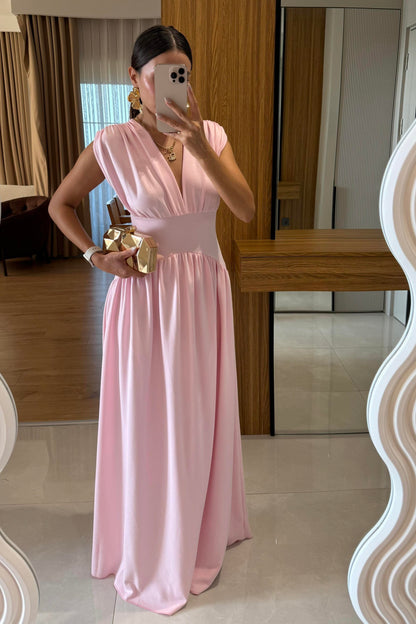 Taylor Pembe Belden Oturtmalı Elbise