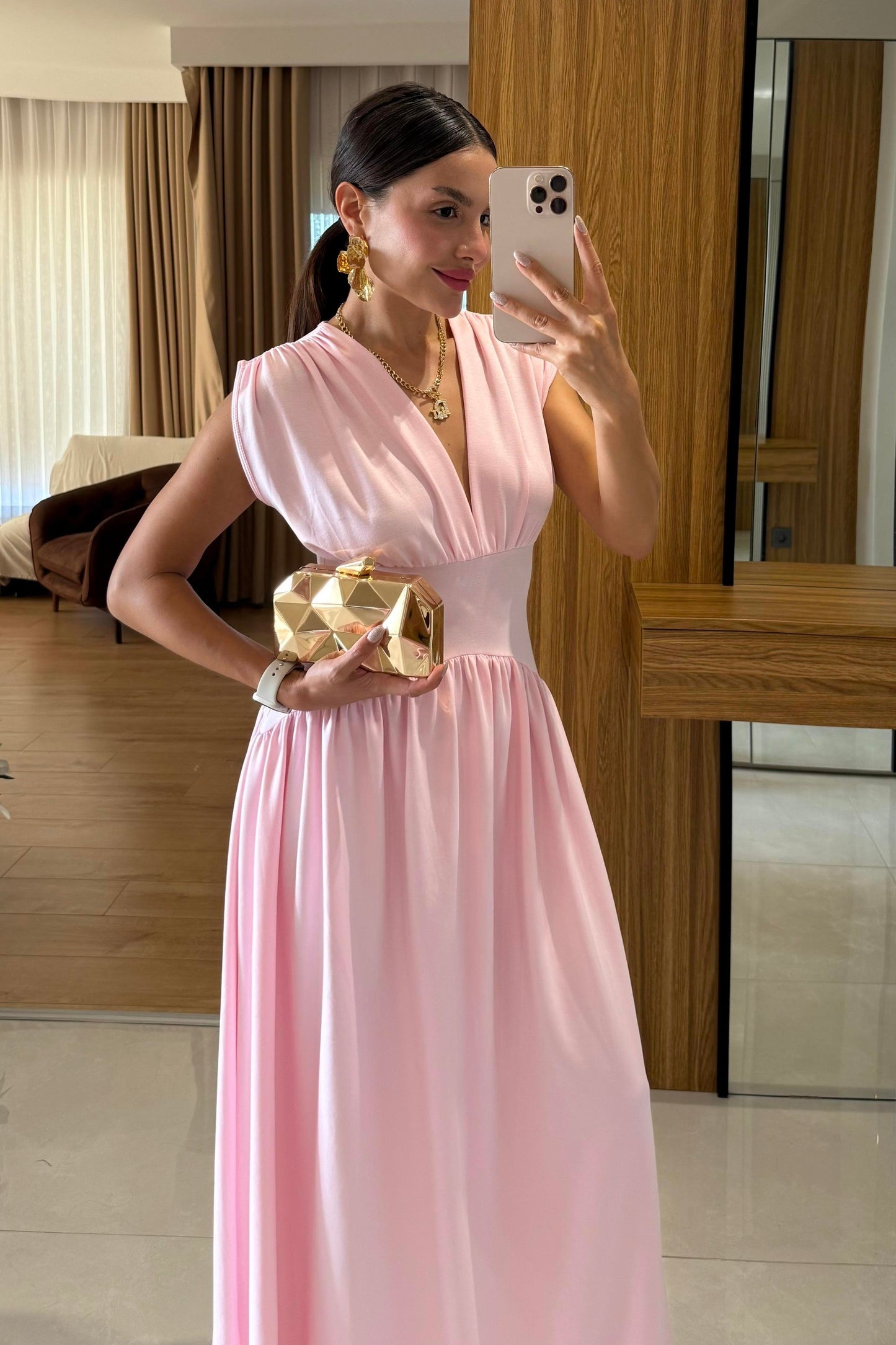 Taylor Pembe Belden Oturtmalı Elbise