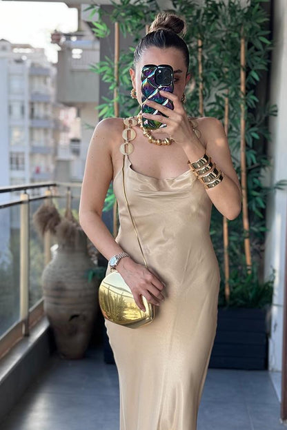 Tayssa Karamel Boncuk Askılı Elbise