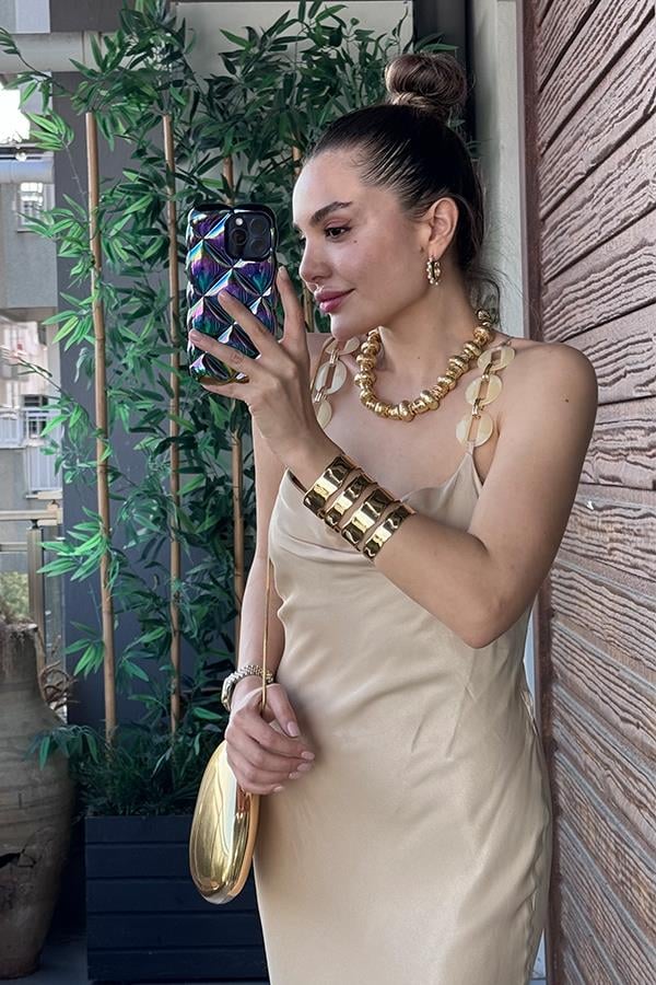 Tayssa Karamel Boncuk Askılı Elbise