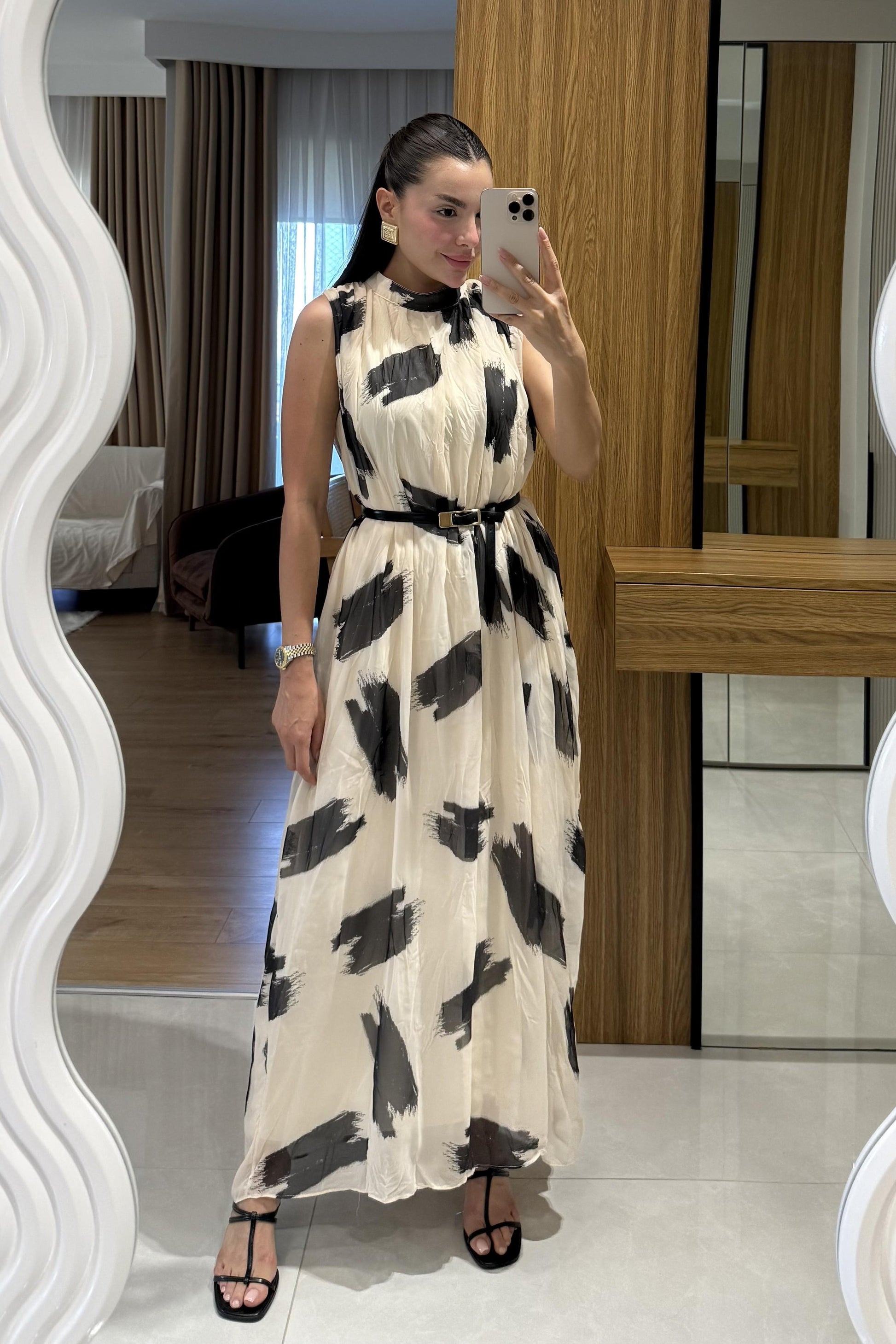 Teyna Desenli Ekru Şifon Elbise