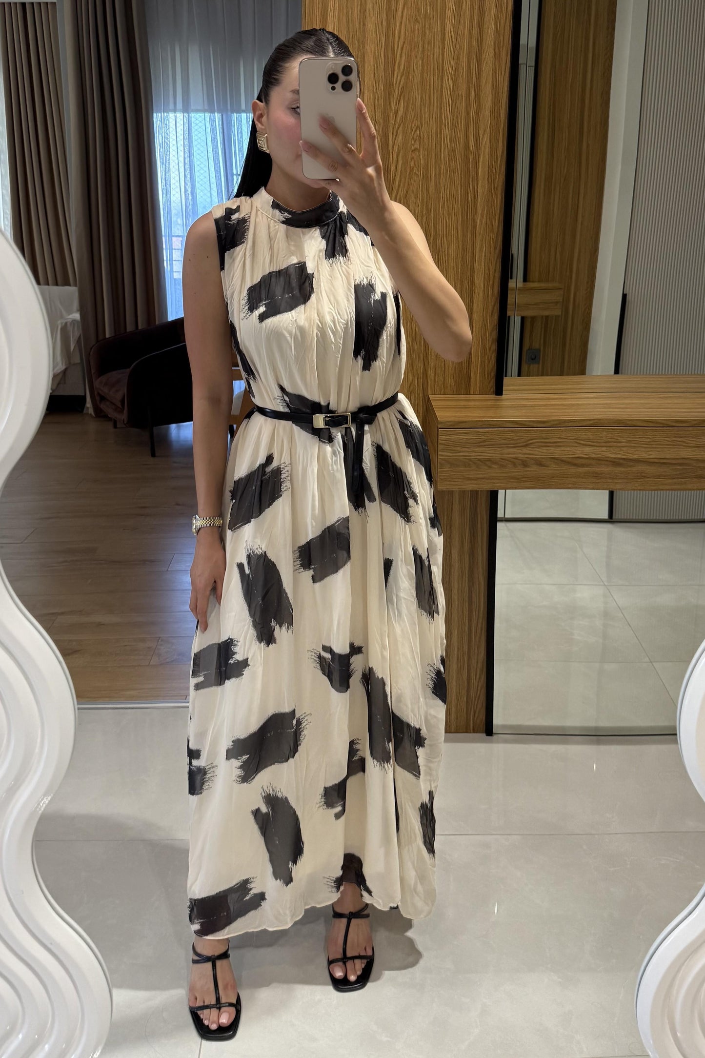 Teyna Desenli Ekru Şifon Elbise