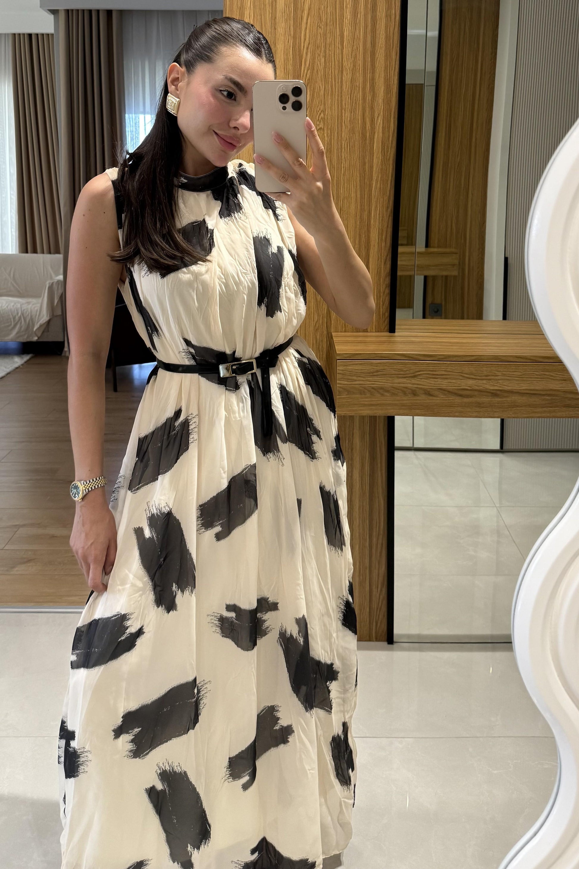 Teyna Desenli Ekru Şifon Elbise