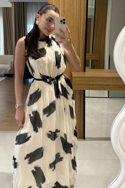 Teyna Desenli Ekru Şifon Elbise