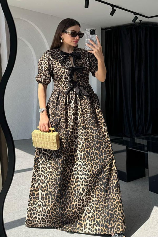 Thana Poplin Leopar Fiyonklu Elbise