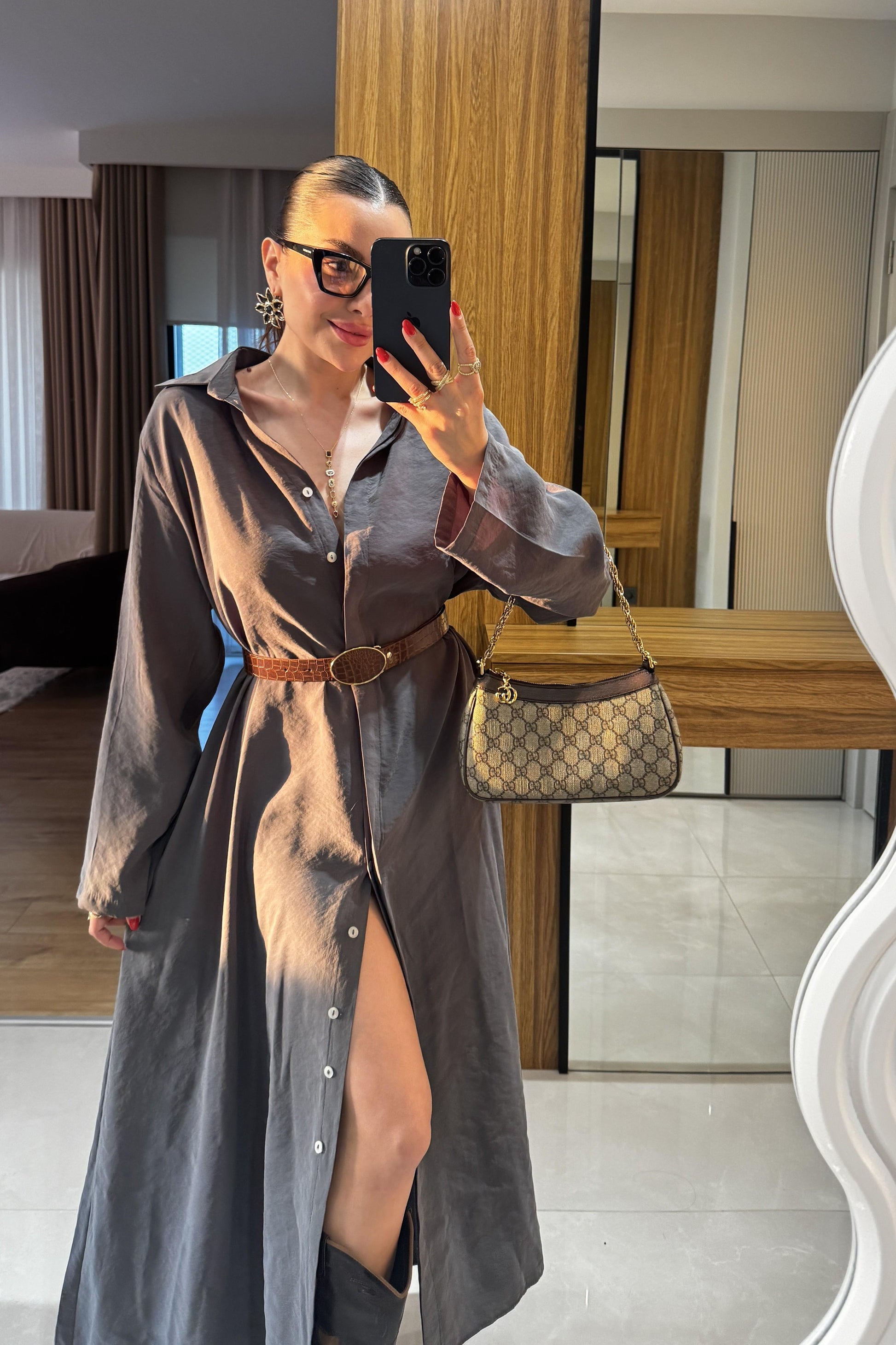 Tharpe Antrasit Kemerli Tensel Elbise