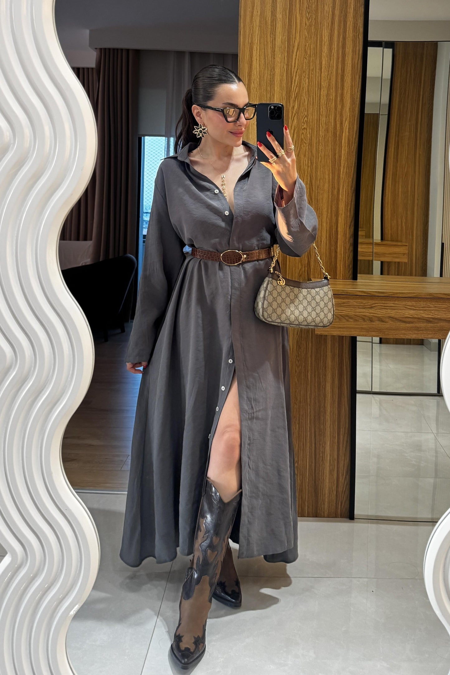 Tharpe Antrasit Kemerli Tensel Elbise