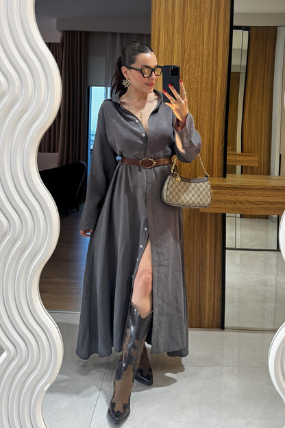 Tharpe Antrasit Kemerli Tensel Elbise