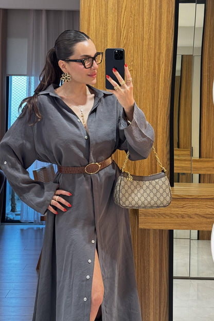 Tharpe Antrasit Kemerli Tensel Elbise